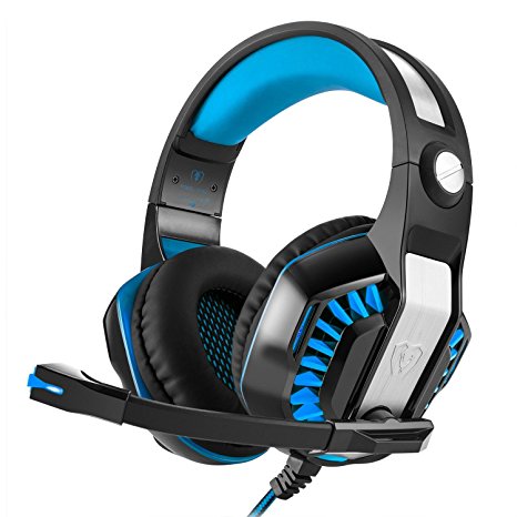 Gaming Headset Stoon 3.5mm Wired Over Ear Surround Sound Stereo Noise Canceling PC Gaming Headphones with Mic Volume Control USB LED Light Headband Game Bass for PS4 Laptop Tablet Smartphone (Blue)