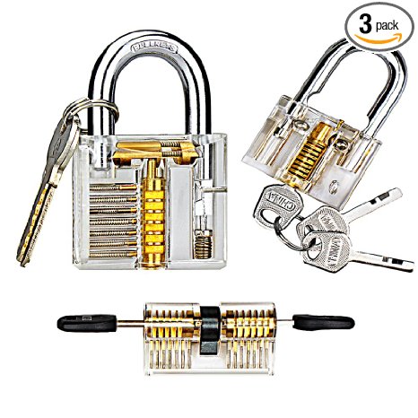 Kuject Practice Lock Set, Transparent Cutaway Crystal Pin Tumbler Keyed Padlock, Lock Picking Practice Tools for Locksmith, Include 3 Common Types of Lock for Lock Pick Set