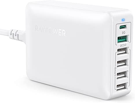 USB C Charger, RAVPower 60W 6-Port Desktop USB Charging Station with 30W Power Delivery, 18W QC3.0, iSmart Multiple Port for MacBook Air, iPhone 12 11 Pro Max XS X, iPad Pro Air Mini, Galaxy S20 S20