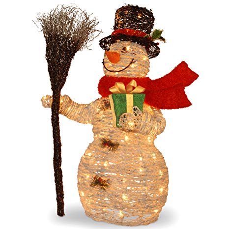 National Tree 35 Inch White Ratton Snowman Holding Gift and Broom with 70 Clear Outdoor Lights (MZWR-35LO)