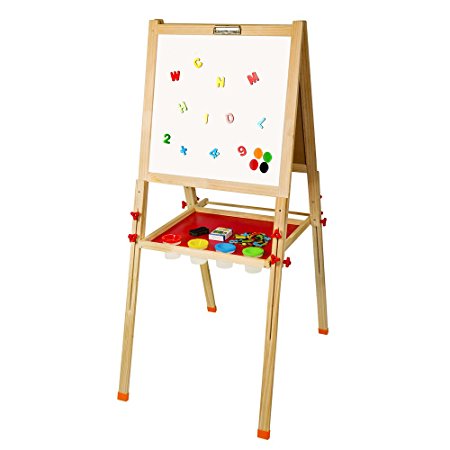 Arkmiido Kids Easel Multi-use Double-sided Wood Whiteboard&Chalkboard with Adjustable Stand and Abundant Art Supplies