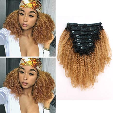 Sassina Double Wefts Clip In Human Hair Extensions Afro Curly Style Natural Looking Ombre Natural Black Fading to Strawberry Blonde 120 Grams 7 Pieces Per Bundle With 17 Clips AC TN27 14 Inch