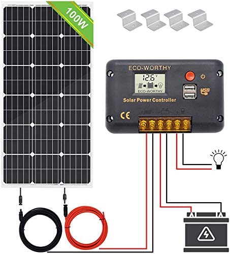 ECO-WORTHY 100 Watt 12 Volt Monocrystalline Solar Panel Off Grid Kit: 100 Watt Solar Panel  20A LCD Display Charge Controller