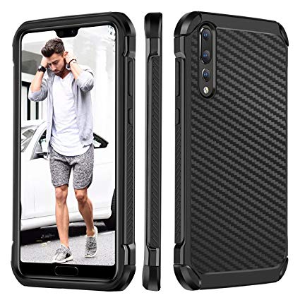 Huawei P20 Pro Case, BENTOBEN Phone Case for Huawei P20 Pro, Slim 2 in 1 with Carbon Fiber Texture Faux Leather Hard Case Soft Bumper Protective Phone Case Cover for Girl Women, Black