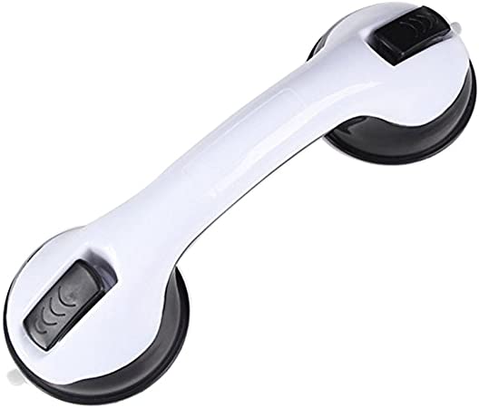 FChome Shower Wall Suction Cup Grab Bars, Bathroom Balance Bar-12 Inch Shower Handle Bar Offers Safe Grip with Strong Hold Suction Cup for Safety Grip Grab in Bathroom Non Skid(White-Black)