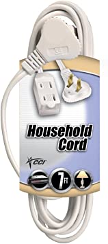 Coleman Cable 09417 Flatplug Extension Cord 2-Prong with Glowing Plug, 7', White