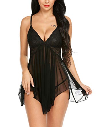 ELOVER Women Lace Babydoll Lingerie Sexy Nightdress Mesh Chemise V Neck Sleepwear