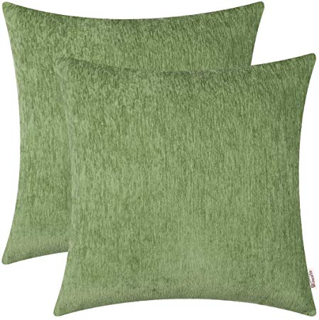 BRAWARM Pack of 2 Comfy Throw Pillow Covers Cases for Couch Sofa Home Decoration Solid Dyed Striped Soft Chenille 20 X 20 Inches Forest Green