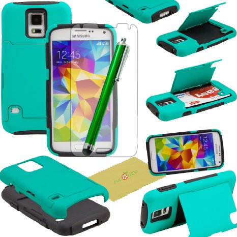 Fulland Hybrid Armor Silicone Card Holder Kickstand Case with Stylus Pen and Screen Protector for Samsung Galaxy S5 - Aqua Green