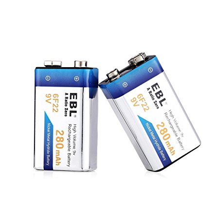 EBL 9V Rechargeable Battery 2 Pack 280mAh Low Self-discharged Ni-MH 9 Volt