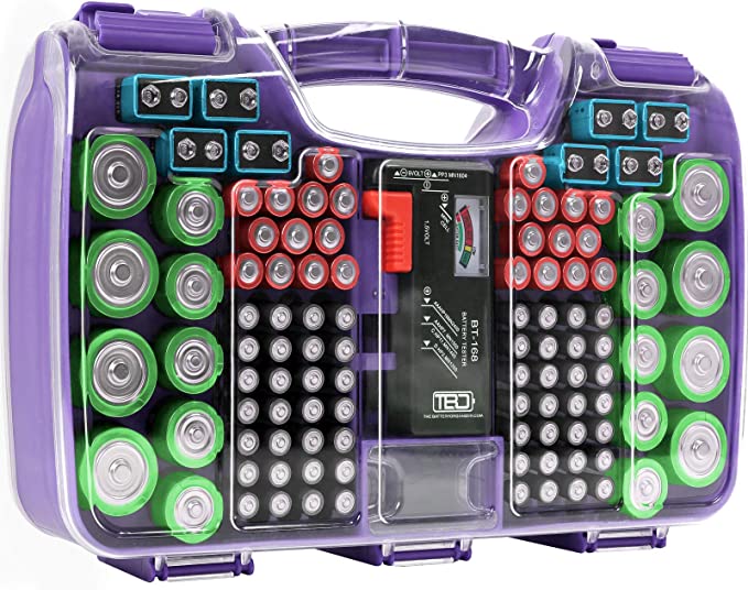 The Battery Organizer Storage Case with Hinged Clear Cover, Includes a Removable Battery Tester, Holds 180 Batteries Various Sizes Purple… (TBO2712)