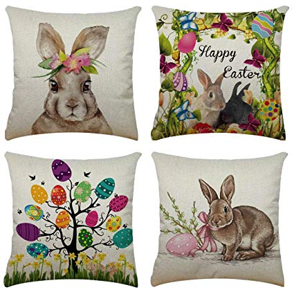 XIECCX Throw Pillow Covers Decorative Pillowcases Happy Easter Rabbit Eggs Spring New Life 4 Pack - Soft Linen Cotton Design Sofa,Bedroom,Chair,Car Seat,Farmhouse 18 x 18
