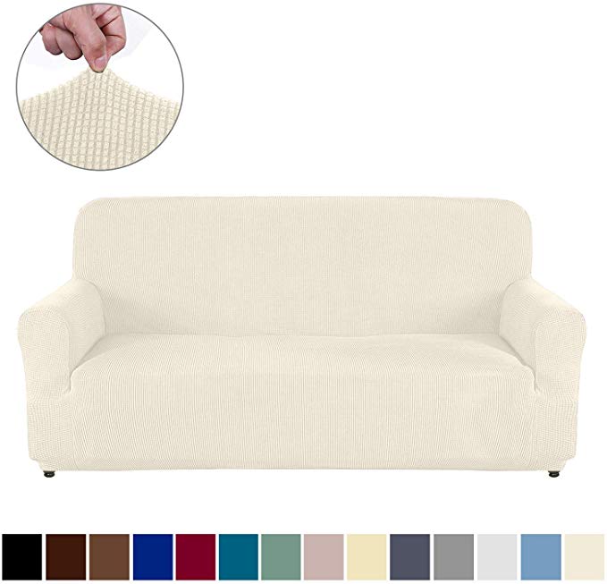 AUJOY Loveseat Cover Stretch 1-Piece Couch Slipcover for 2 Cushion Couch Jacquard Spandex Fabric Sofa Furniture Protector with Anti-Slip Foams (Loveseat, Natural)