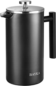 BAYKA French Press Coffee Maker, Stainless Steel 50oz Double-Wall Metal Insulated Coffee Tea Makers with 4 Level Filtration System, Rust-Free, Dishwasher Safe,Black