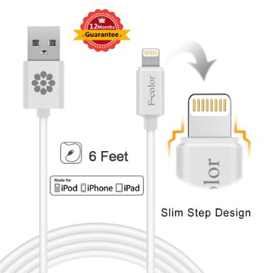 iPhone 6S Charger Lightning Cable 6 Ft Long F-color8482 Slim MFi 8 Pin Lightning to USB Compact iPhone Charger Cord for iPhone 6S 6 Plus 5S 5C 5 iPad Air 2 Mini 2 3 4 iPad Pro iPod Touch 5 White