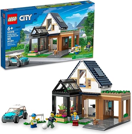 LEGO My City Family House and Electric Car 60398 Building Toy Set, Includes a Kitchen, 2 Bedrooms, Greenhouse, Solar Panels Plus 3 Minifigures and a Puppy, Gift Idea for Ages 6