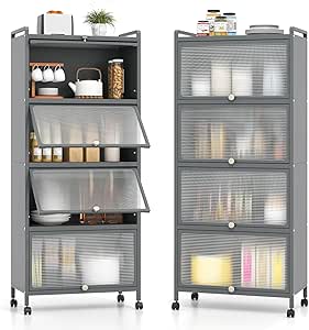 Giantex 5-Tier Kitchen Storage Cabinet, Mobile Microwave Stand with Flip-up PC Doors, Freestanding Kitchen Bakers Rack with 4 Rolling Casters, for Dining Room, Living Room and Study, Grey