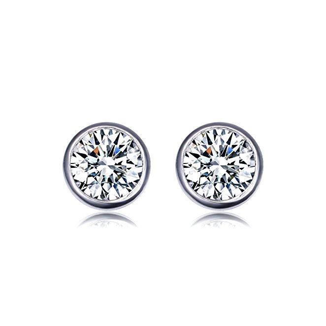 UMODE Jewelry Bezel Set Earrings 2x1ct Round Clear Cubic Zirconia CZ Diamond Stud Earring for Women