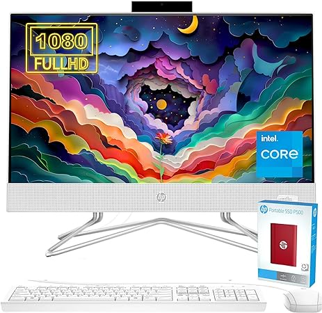 HP Newest All-in-One Desktop, 21.5" FHD Display, 12GB RAM, 1TB Storage (512GB SSD with P500 500GB External SSD), Intel Dual-Core Processor, Webcam, HDMI, Bluetooth, Mouse and Keyboard, Windows 11