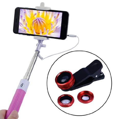 Apexel Mini Foldable Wired Built-in Remote Shutter Selfie Stick Monopod  3 in 1 Fisheye Wide Angle Macro Phone Lens Kit for iPhone Samsung Red