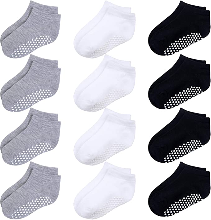 Cooraby 12 Pairs Kids' Non Slip Half Cushion Low Cut Socks Non-Skid Classic Ankle Socks