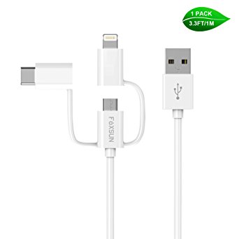 Multi USB Charging Cable, Foxsun 3.3 ft/1m 3 in 1 Mutiple USB Charger Cable with 8Pin Lightning /USB Type C/Micro USB Connector for iPhone, Samsung, LG, Nexus Smartphones and More-MFI Certified-White