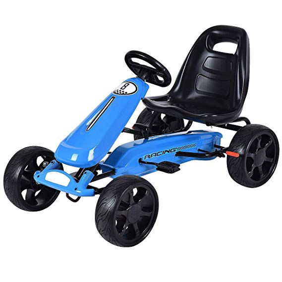 Costzon Go Kart, 4 Wheel Powered Ride On Toy, Kids' Pedal Cars for Outdoor, Racer Pedal Car with Clutch, Brake, EVA Rubber Tires, Adjustable Seat (Blue Go Kart)