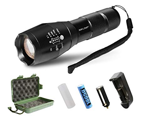 LED Tactical Flashlight,SDFLAYER T6 High Powered Handheld Torch with Rechargeable 18650 Lithium Ion Battery and Charger