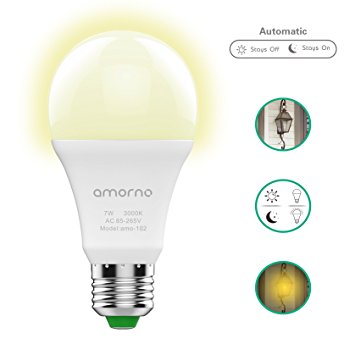 Dusk to Dawn light Bulbs,AMORNO 7W E26/E27 Smart Sensor Light Bulb with Auto on/off, Indoor / Outdoor LED Lighting Lamp for Porch, Hallway, Patio, Garage,Hallway(Warm White)