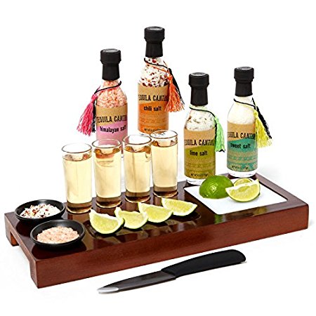 Tequila Cantina Mas Fina! A Set of Four Tequila Sipping Shot Glasses, Flavored Gourmet Sea Salts & Sel De Mer Himalayan, Salt Dishes, Wood Tequila w/Cutting Board & Ceramic Knife for Limes