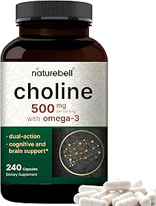 Choline Supplements 500mg with Omega-3 Fatty Acids, 240 Capsules | High Potency Choline Bitartrate – Prenatal Support During Pregnancy – Promotes Energy, Liver, Brain, & Cognitive Health