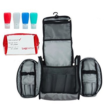 Lugbetter Hanging Travel Toiletry Bag w/Removable Pouch and 4 Silicone Bottles: TSA-Compliant Toiletry Kit – Toiletry Case   Four 3-oz Bottles   1qt Clear Pouch – Women’s and Men’s (Grey)