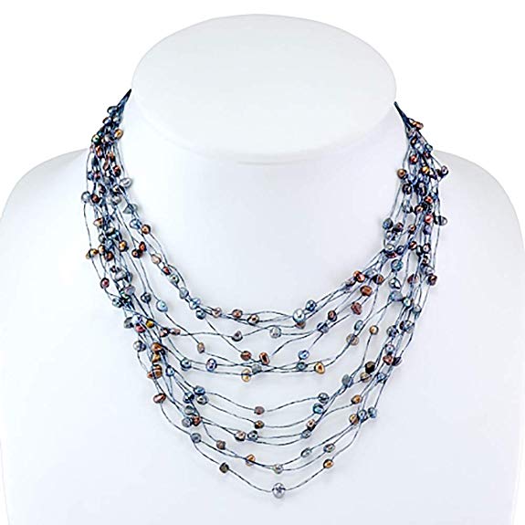 Silk Thread and Cultured Freshwater Pearl Multi Strand Cluster Necklace, 17-19 inches