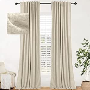 INOVADAY 100% Blackout Curtains for Bedroom 120 Inches Long 2 Panels Set, Back Tab/Rod Pocket Faux Linen Blackout Curtains, Thermal Insulated Darkening Drapes for Living Room, 52''W x 120''L, Natural