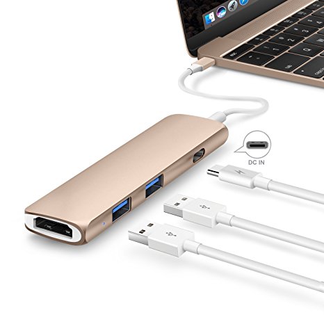 GN22B Premium USB Type C Hub Multi-Ports Adapter with PD Charging Port, 2 SuperSpeed USB 3.0 Ports, 1 HDMI Port and 1 USB-C Input Charging Port for New Macbook 2015/2016 12-Inch Aluminum Alloy(Gold)
