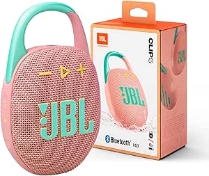 JBL Clip 5 - Ultra-Portable, Waterproof & Dustproof Bluetooth Speaker, Big Pro Sound with Punchy bass, Integrated Carabiner, Up to 12 Hours of Play, Made in Part with Recycled Materials (Pink)