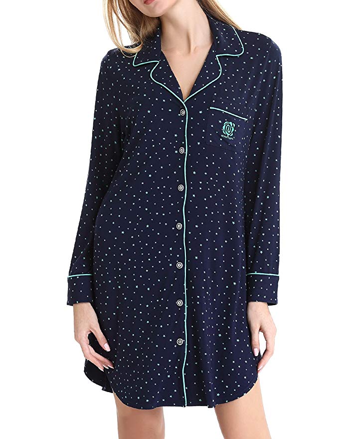 NORA TWIPS Women Long Sleeve Pajama Top Buttom Down Sleep Shirt Dress by (XS-XL)