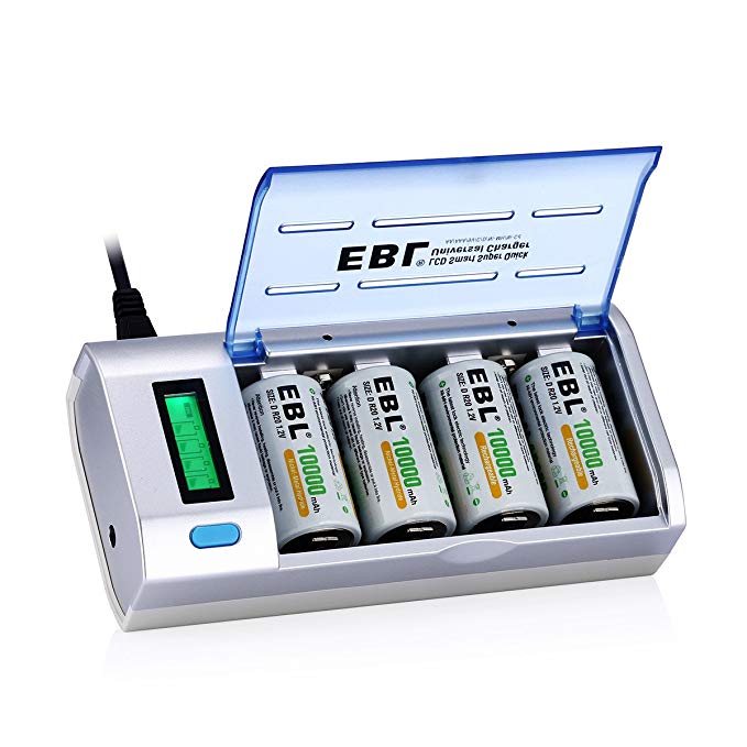 EBL LCD Universal Battery Charger and Discharger with 4 x Ni-MH Rechargeable D Battery 10000mAh