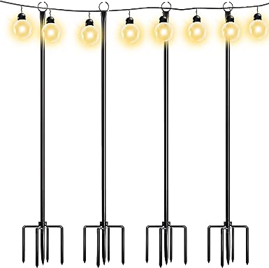 Walensee String Light Poles with Hook Outdoor Metal Lighting Pole for Hanging String Lights for Garden Party 9.4FT Lights Hanger with 5-Prong Fork Steel Stand Holder for Patio Christmas Wedding 4 Pack