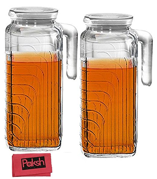 Drinking Bundle - (2) Glass Pitcher with White Lid and Spout Great for Water, Homemade Juice or Other Beverages | [41-Ounce] - Bundled with Cloth