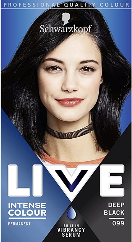 Schwarzkopf LIVE Intense Colour, Long Lasting Permanent Black Hair Dye, With Built-In Vibrancy Serum, Up To 100% Grey Coverage, Deep Black 099