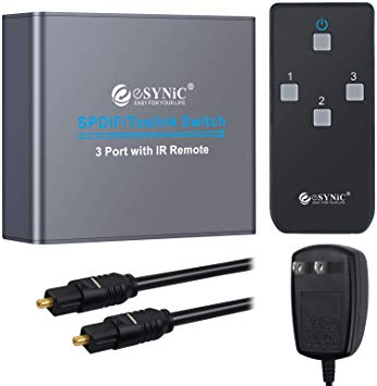 eSynic 3X1 Toslink Switch Digital Optical Audio Switcher 3 in 1 Out with IR Remote Control Aluminum Alloy SPDIF Switcher with 6.6ft Optical Cable Power Adapter Supports PCM2.0 5.1CH Dolby-AC3 DTS