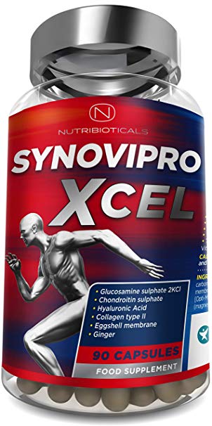 NEW Synovipro Xcel Joint Care with Glucosamine Sulphate 2KCl, Chondroitin, Hyaluronic Acid, MSM, Collagen, Eggshell Membrane, Ginger, Calcium and D3 | 90 Capsules | One Month Supply