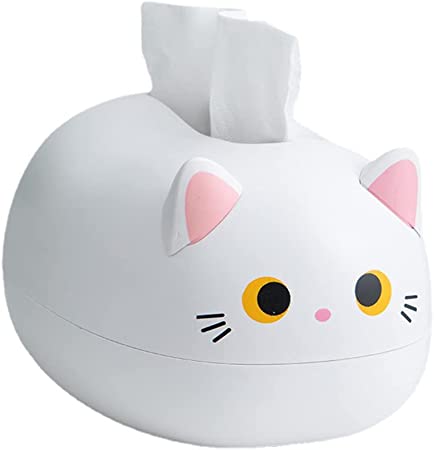 Cartoon Cat Tissue Box, Plastic Tissue Box Holder, Tissue Box Dispenser for Facial Tissue,Household Dining Table Bathroom Tissue Container Multifunctional Cat Ear Toothpick Box Home Decoration White