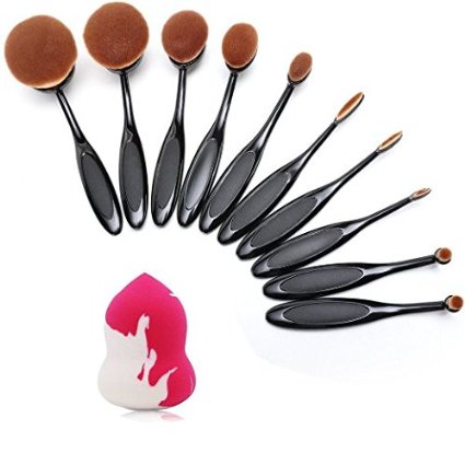 BeautyKate 10 pcs Professional Oval Toothbrush Makeup Brush Set (Black)   1 Hydrophilic Makeup Blender Sponge Puff (Pink)
