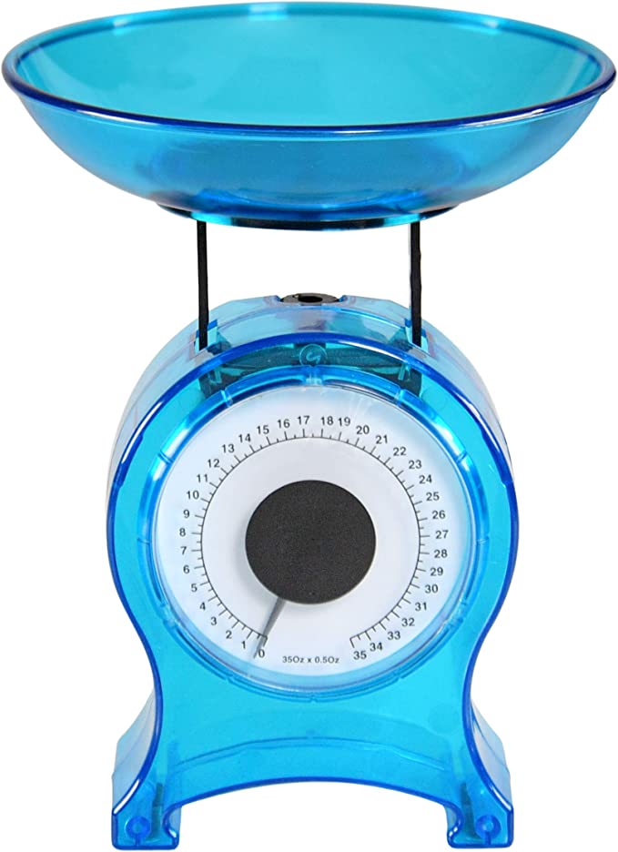 HOME-X Blue Kitchen Scale, Small Mechanical Scale for Weighing Food Portions up to 35 oz, Analogue, Simple to Use, No Battery- 6” H x 4.5” W