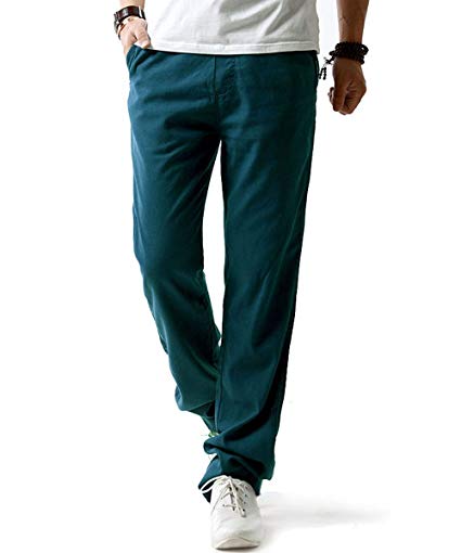 Donhobo Men's Casual Linen Trousers Lightweight Elasticated Waist Pants with Pockets