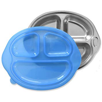 Sage Spoonfuls Happy Foodie Stainless Steel Divided Kids Plate with Lid, Blue