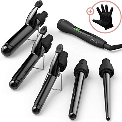 Xtava 5 in 1 Professional Hair Curling Iron and Wand Set - 0.3 to 1.25 Inch Interchangeable Ceramic Barrel Wand Curling Iron - Dual Voltage Hair Curler for All Hair Types with Glove and Travel Case