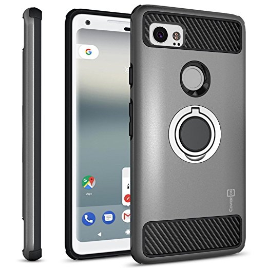 Google Pixel 2 XL Case with Ring, CoverON RingCase Series Protective Phone Case with Carbon Fiber Accents and Finger Ring Grip for Pixel 2 XL / 2XL - Gunmetal Gray and Black